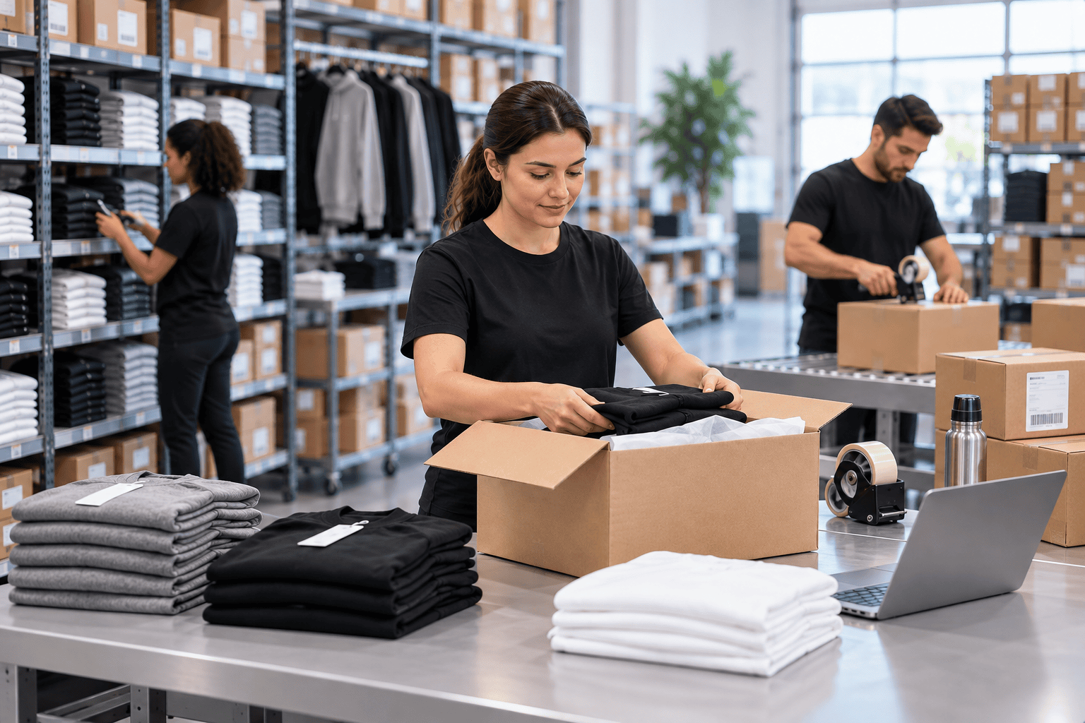 Fulfillment team packing decorated apparel for shipment